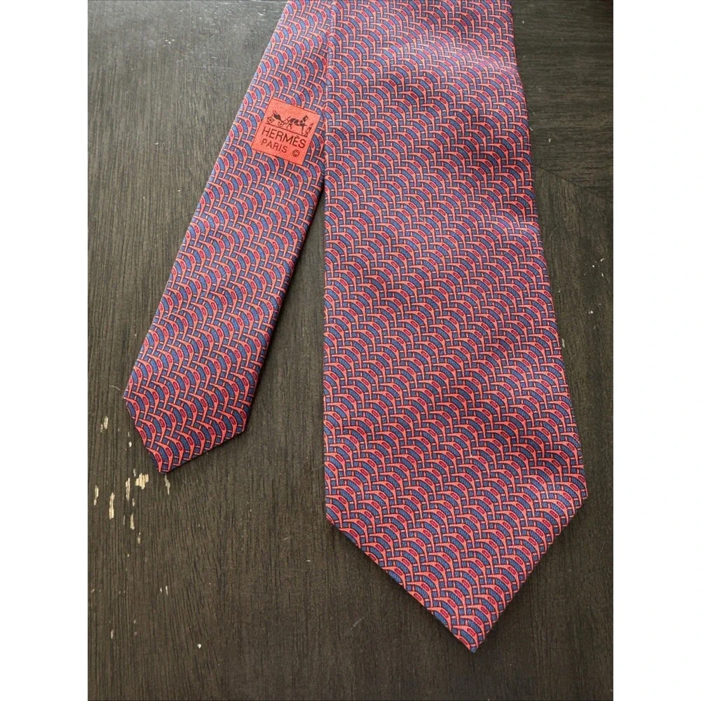 Hermès Blue Orange Geometric 100% Silk Men's Designer Woven Tie Logo Accent